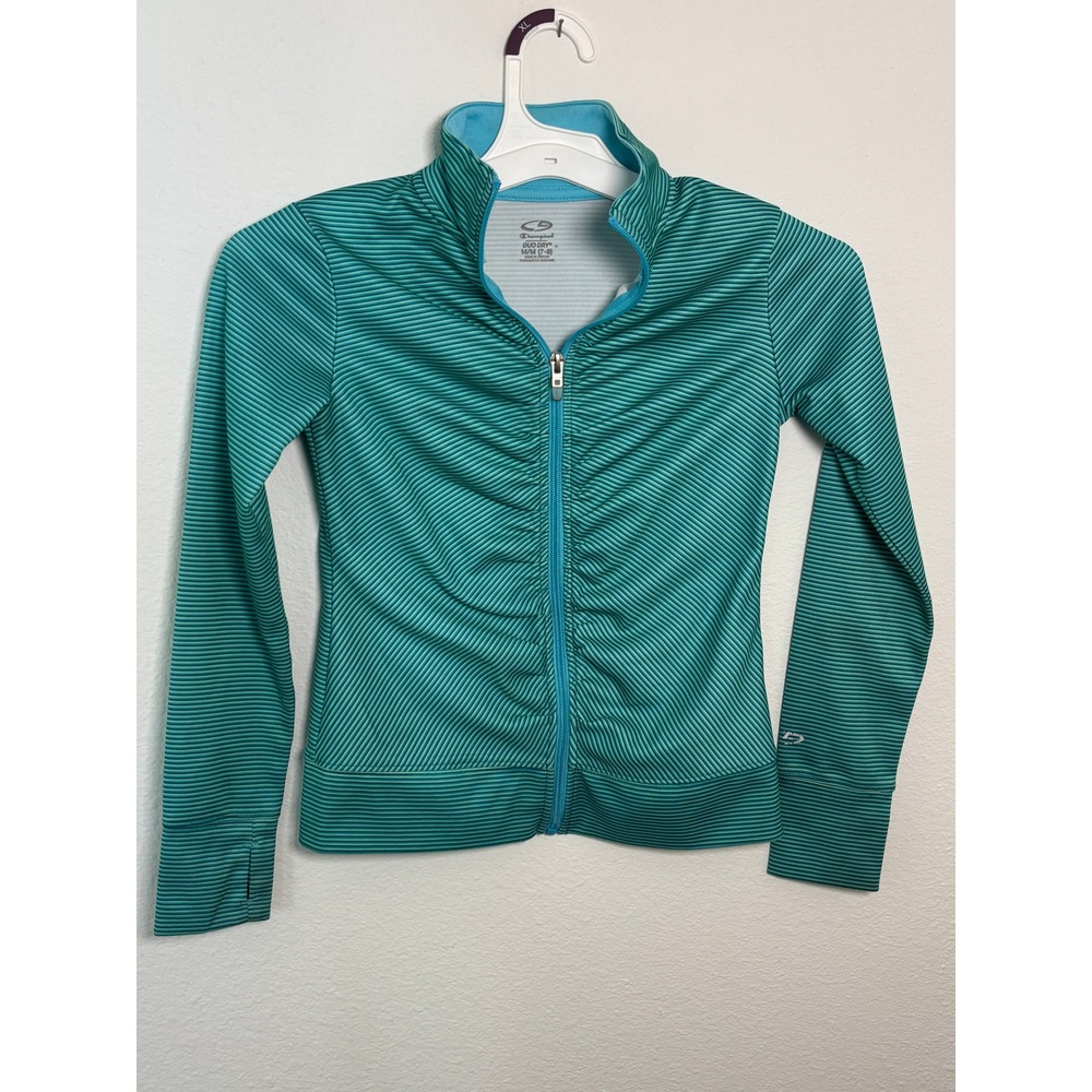 Champion Duo Dry Girls Medium 7-8 Teal Striped Full Zip Ruched Track Jacket